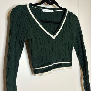 Altar'd State Forest Green V-Neck Sweater with White Trim
